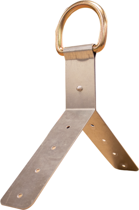 A French Creek Production roof anchor crafted from zinc-plated alloy steel with three flat arms featuring multiple holes, converging at a central joint. A golden D-ring is attached at the top, positioned vertically. Ideal for fall protection, this French Creek Disposable Roof Anchor w/Single D-Ring 1725 stands on a neutral background.