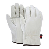 Introducing the MCR Safety Memphis Select Grade Leather Driver Glove 3201. This set of driver gloves features a cream color and is crafted from premium grain leather, complete with stitched seams that reveal both the front and back sides. The gloves have a slightly loose fit around the wrists, providing comfort without compromising on safety. Made from soft, flexible material, they are ideal for ensuring protection during various tasks.