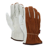 The MCR Safety 3205 Split Back Drivers Glove showcases tan suede on the back and robust split grain cowhide leather on the palm, fingers, and Keystone thumb. The gloves, featuring green cuffs, are displayed with one lying flat and the other slightly elevated.