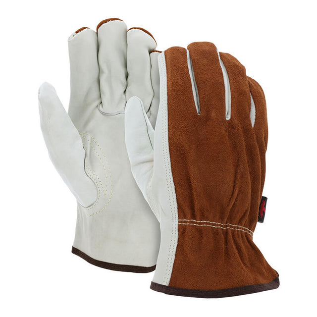 The MCR Safety 3205 Split Back Drivers Glove showcases tan suede on the back and robust split grain cowhide leather on the palm, fingers, and Keystone thumb. The gloves, featuring green cuffs, are displayed with one lying flat and the other slightly elevated.