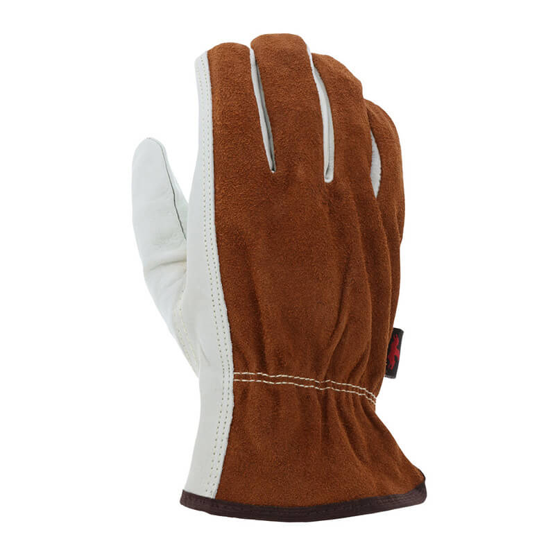 The image displays an individual brown and white work glove. Crafted from split grain cowhide leather, it showcases a reinforced cuff and keystone thumb, reflecting the robust design of the MCR Safety 3205 Split Back Drivers Glove from MCR Safety.