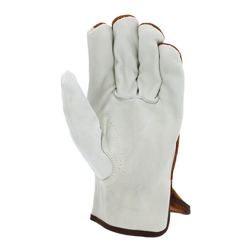 A white MCR Safety 3205 Split Back Driver's Glove, made from split grain cowhide leather and featuring a keystone thumb and visible stitching, is shown palm side up against a white background. The glove has a distinctive green trim around the wrist area.