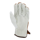 A white MCR Safety 3205 Split Back Driver's Glove, made from split grain cowhide leather and featuring a keystone thumb and visible stitching, is shown palm side up against a white background. The glove has a distinctive green trim around the wrist area.