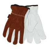 A pair of MCR Safety Memphis Split Back Drivers Gloves 3205 (12 pairs), made from brown split grain leather and smooth white cowhide, are displayed overlapping on a white background.