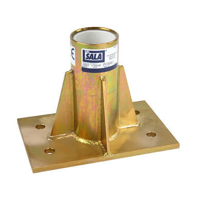 The 3M DBI-SALA Advanced Center Mount Sleeve Davit Base 8512831 features a metallic base plate with a cylindrical socket attachment, specifically designed for confined space entry. This gold-colored product includes multiple drilled holes for mounting and proudly displays the "SALA" label. It serves as an ideal portable davit base, meeting OSHA compliant safety standards, under the brand name 3M DBI-SALA Fall Protection.