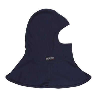 The MCR Safety FR Westex True Comfort Balaclava Navy BLCVTCN is designed with a wide neck covering and a face opening. Made from soft, stretchy fabric, it's ideal as protective headwear. A small label with the MCR Safety logo is placed on the side.