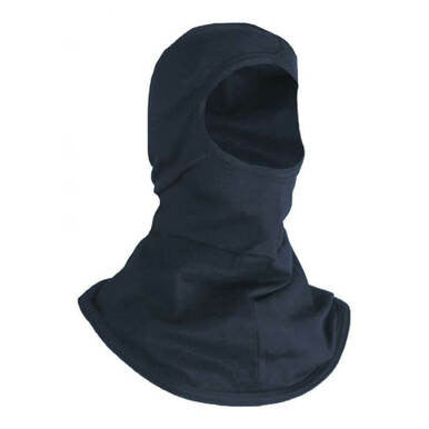 Introducing the NSA Lightweight UltraSoft FR Balaclava H11RY, designed with a fitted hood that covers most of the face while leaving an opening for the eyes. This flame-resistant black balaclava provides CAT 2 protection and features smooth fabric extending over the neck and shoulders for superior safety and comfort.