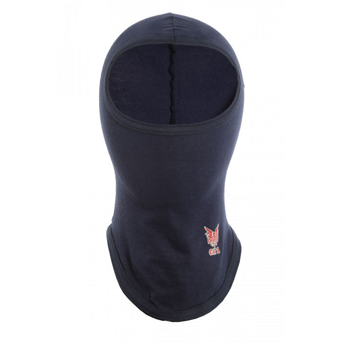 Introducing the NSA FR Control 2.0 Balaclava H85FK: a black full-face design featuring a small red and white logo with a winged emblem and the slogan "Red Bull Gives You Wings." This flame-resistant balaclava covers both head and neck, incorporating moisture-wicking technology for improved comfort.