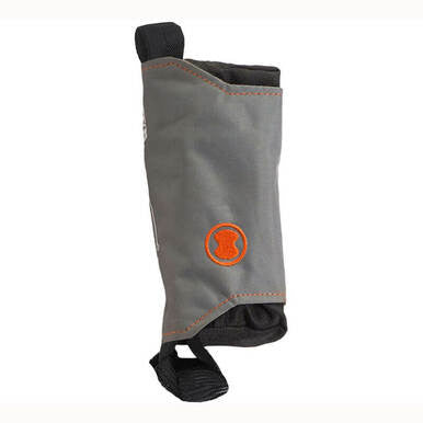 A folded gray fabric item with an orange circular logo, featuring a black strap at the bottom and a loop at the top, resembling the efficiency of the Skylotec SkySafe Shock Absorber Replacement Pouch ACS-0216 against a white background.