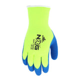 MCR Safety NXG Insulated Hi-Vis Work Gloves 9690Y (12 pairs) feature yellow and blue insulation, safety certification markings, and a textured blue palm for grip—ideal thermal protection gloves from MCR Safety.