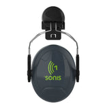 The PIP Sonis1 Full Brim Mounted Passive Ear Muff 262-AEB010-FB is an industrial hearing protector featuring dark green, oval-shaped ear cups. It includes a black mount on top with a metal arm and displays the brand name "Sonis" alongside a light green sound wave logo. This passive ear muff offers an NRR of 22, ensuring excellent noise reduction.