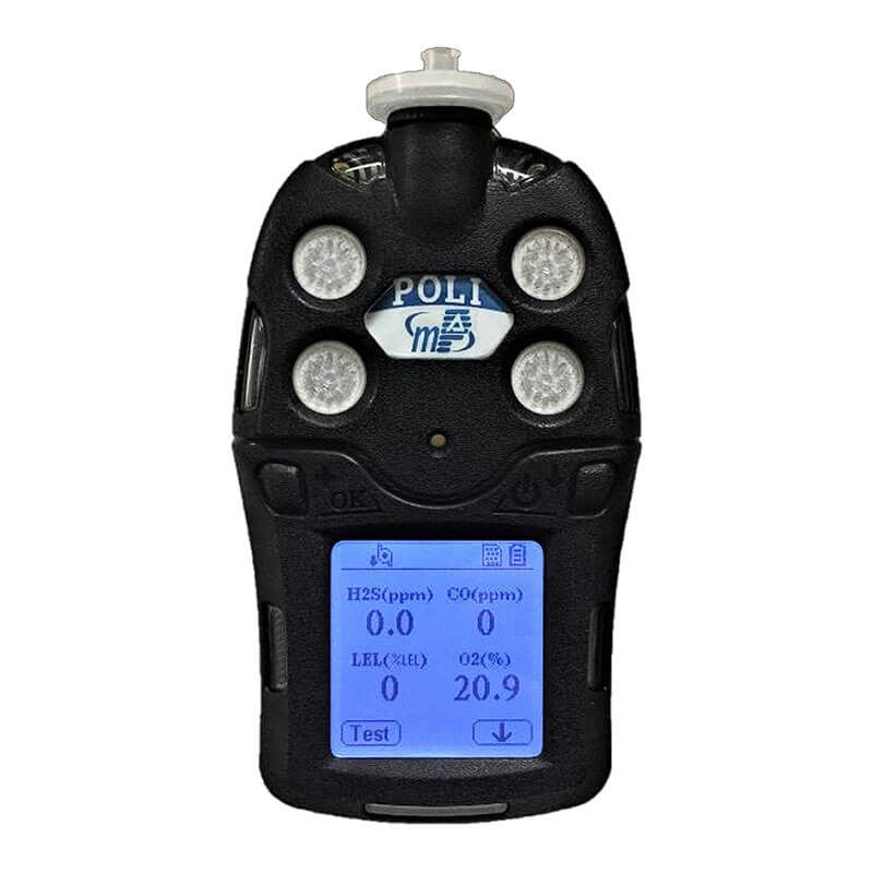 The mPower POLI MP400P Pump 4-Gas Detector by mPower Electronics is a sleek black handheld device that displays readings for LEL, O2, H2S, and CO on its digital screen. It features smart sensors and control buttons with "POLI" prominently displayed on the front—a vital tool for confined space entry.