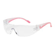 The PIP Eva Rimless Safety Glasses with Clear / Pink Temple from PIP - Protective Industrial Products offer both protection and support for breast cancer awareness, featuring pink arms and a small pink ribbon symbol. The lenses are coated with an anti-scratch layer to provide lasting durability, style, and clarity.