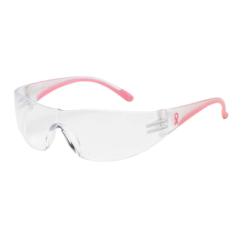 The PIP Eva Rimless Safety Glasses with Clear / Pink Temple from PIP - Protective Industrial Products offer both protection and support for breast cancer awareness, featuring pink arms and a small pink ribbon symbol. The lenses are coated with an anti-scratch layer to provide lasting durability, style, and clarity.