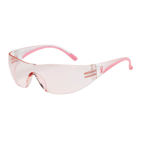 The PIP Eva Rimless Safety Glasses from Protective Industrial Products showcase a pink ribbon detail for breast cancer awareness, featuring clear lenses with a subtle tint and pink temples. They also include an anti-scratch coating for enhanced durability.