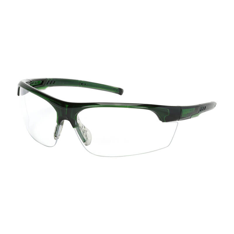 The PIP Xtricate-C Semi-Rimless Safety Glasses, available as a 12-pair pack, feature a sophisticated semi-rimless design with clear lenses and a wraparound style. The frames are dark green with black accents on the temples, and the FogLess 3Sixty Coating guarantees crystal-clear vision. Additionally, they include a comfortable nose pad for enhanced practicality.