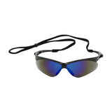 Introducing the PIP Anser Glasses, a set of sleek sports sunglasses featuring blue mirror-coated lenses and a black frame. They come equipped with an adjustable black strap at the ends for secure wear during high-intensity activities, while providing UV protection for all your outdoor adventures.