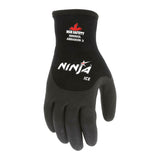 MCR Safety Ninja Ice Insulated Work Gloves N9690Q (12 pairs) in black, featuring advanced HPT coating, textured grip, and white printed logo/text on the back, are displayed against a plain white background.