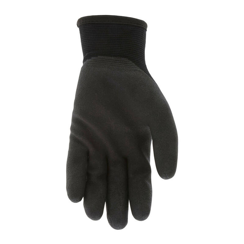 A set of 12 pairs of MCR Safety Ninja Ice Insulated Work Gloves N9690Q, featuring a textured HPT coating and ribbed wrist cuffs in black, shown palm forward against a white background for superior hand protection.