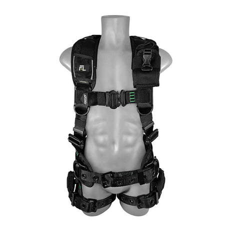 A gray mannequin torso displays the Frontline Elite Harness Aluminum HW & Trauma Straps by Frontline Fall Protection, featuring padded shoulder straps, aluminum hardware, multiple buckles, adjustable straps, and gear attachment points.