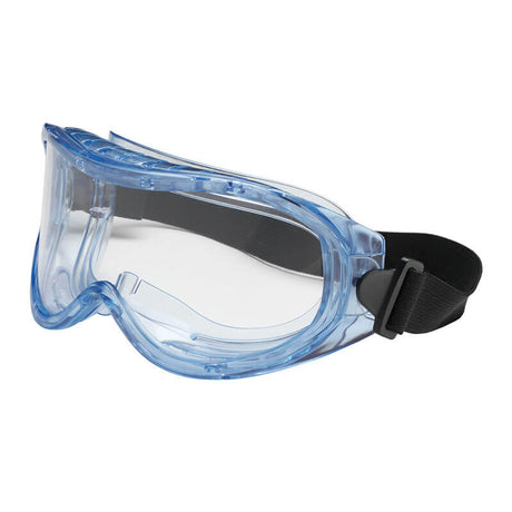 The PIP Contempo Indirect Vent Goggle by PIP - Protective Industrial Products is a pair of safety goggles with a blue frame and an adjustable black strap. Designed with indirect ventilation and an anti-scratch coating, these goggles offer both comfort and durability.