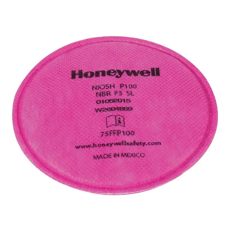 The Honeywell North Pancake Respirator Filter P100 75FFP100, a pink circular P100 filter, is crafted for compatibility with respiratory protection masks and dust masks.