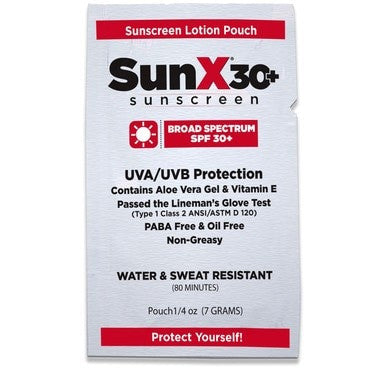 Image of a Coretex SunX SPF30 sunscreen pouch. It provides broad-spectrum protection and is formulated with aloe vera gel and Vitamin E. The sunscreen is PABA-free, oil-free, non-greasy, and water-resistant for up to 80 minutes. This FDA-compliant sunscreen pouch weighs 7 grams and ensures effective skin protection.