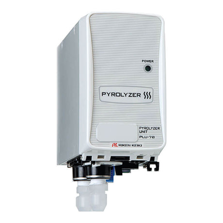 The RKI Instruments Pyrolyzer Unit in white, model PLU-70, is equipped with a power indicator light and connectors at the bottom. The front panel displays both the brand and model names, making it a perfect complement to devices like GD-70D and enhancing its functionality with Beacon Controllers.