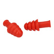 The image displays two vibrant red PIP Reusable TPR Ear Plugs 267-HPR410, featuring a ribbed design against a simple white backdrop. These ear plugs are ergonomically shaped for a comfortable fit, offering moderate noise attenuation and protection, making them perfect for use in construction settings. Produced by PIP - Protective Industrial Products, they come packaged with 200 in a box.