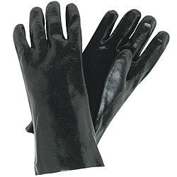 A pair of MCR Safety Memphis Single Dipped Smooth Finish Gloves 6212, coated in shiny black PVC for chemical protection, positioned one on top of the other with the fingers facing upward.