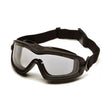 The Pyramex V2G-XP Hot/Cold Resistant Goggles from Pyramex Safety are black protective goggles with clear lenses and an adjustable elastic strap, suitable for safety or sports use, and feature advanced anti-fogging technology.