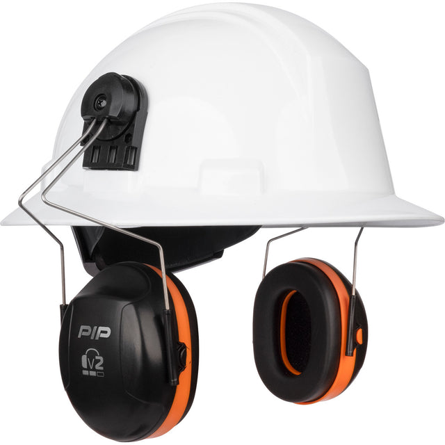 The PIP V2 Full Brim Mounted Ear Muff 263-V2FB by Protective Industrial Products features a white safety helmet complemented with black and orange earmuffs. The earmuffs, designed with memory foam ear cushions for enhanced comfort, provide effective noise protection with a "PIP NRR 22" rating. Additionally, the helmet is equipped with a practical front mounting slot for accessories.