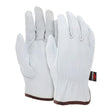 The MCR Safety Memphis Goatskin Drivers Glove 3611 (12 pairs) features white goatskin with brown wrist trim and a black label, offering abrasion resistance, comfort, and durability for everyday tasks. Displayed on a white background.