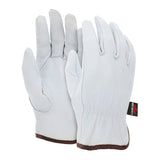The MCR Safety Memphis Goatskin Drivers Glove 3611 (12 pairs) features white goatskin with brown wrist trim and a black label, offering abrasion resistance, comfort, and durability for everyday tasks. Displayed on a white background.