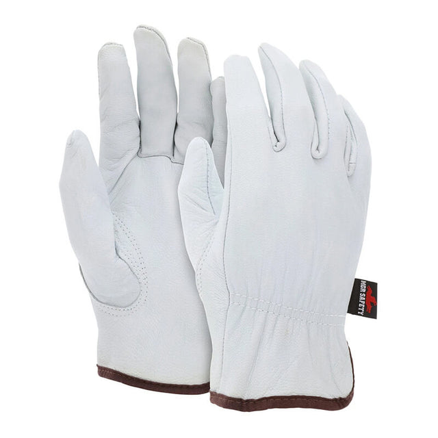 The MCR Safety Memphis Goatskin Drivers Glove 3611 (12 pairs) features white goatskin with brown wrist trim and a black label, offering abrasion resistance, comfort, and durability for everyday tasks. Displayed on a white background.