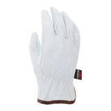 The MCR Safety Memphis Goatskin Drivers Glove 3611 (12 pairs) is a durable, abrasion-resistant white leather glove with brown wrist trim and a black side tag—ideal for tough jobs.