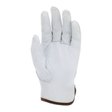 A single MCR Safety Memphis Goatskin Drivers Glove 3611 (12 pairs), light gray leather with brown wrist trim, shown palm up and fingers slightly curved.