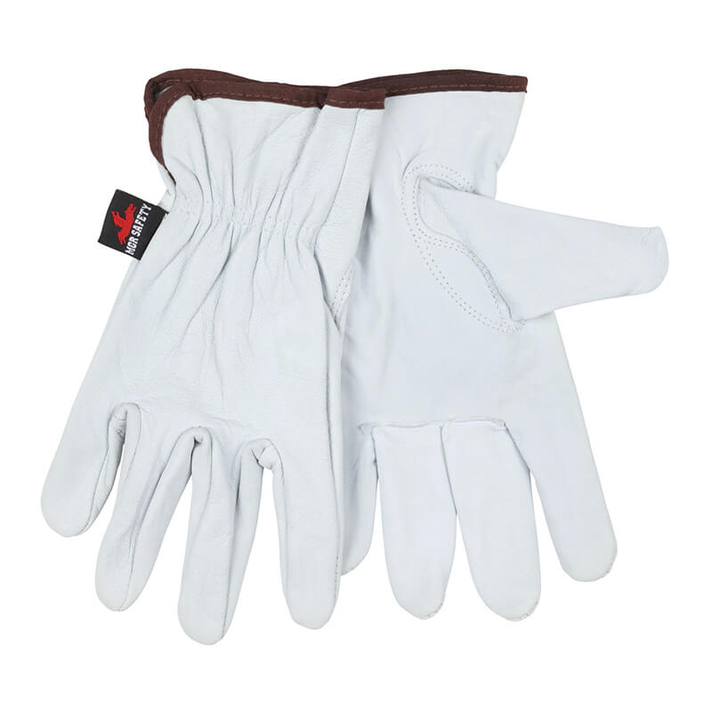 A pair of MCR Memphis Goatskin Drivers Glove 3611 by MCR Safety is shown overlapping on a white background, featuring brown trim, an elastic wrist, and a black-and-red tag highlighting their durability for tough tasks.