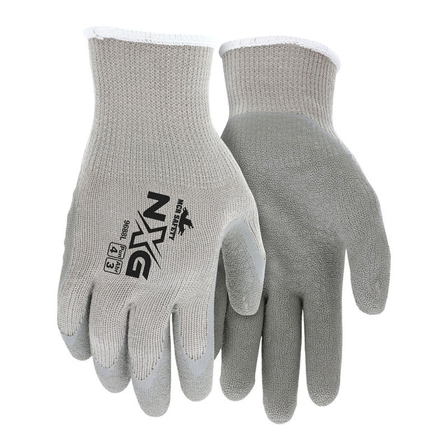 A pair of MCR Safety Memphis 9688 Flex Tuff II gloves with gray latex coating, white cuffs, and black logos on the back, shown palm and back view on a white background. Brand: MCR Safety. Sold as 12 pairs.