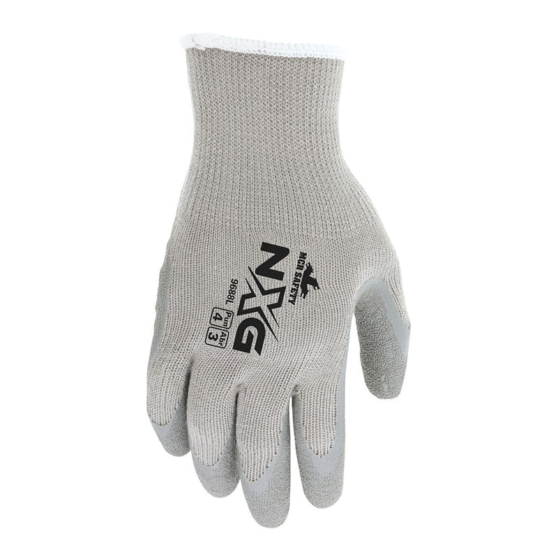 The MCR Safety Memphis 9688 Flex Tuff II Glove features a light gray finish, black "NXG" and "MCR Safety" logos, textured grip, latex coating, wrist coverage, and a white cuff for comfort. Sold as 12 pairs.