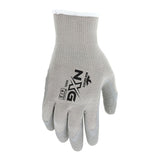 The MCR Safety Memphis 9688 Flex Tuff II Glove features a light gray finish, black "NXG" and "MCR Safety" logos, textured grip, latex coating, wrist coverage, and a white cuff for comfort. Sold as 12 pairs.