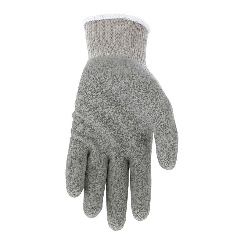 The MCR Safety Memphis 9688 Flex Tuff II Glove (12 pairs) features a grey latex-coated, textured palm and white cuff, providing a reliable grip and durability for tough tasks. Shown palm forward on a plain white background.