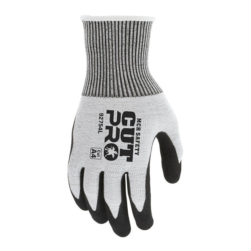 A single gray and black MCR Safety CutPro 13G Double Coated Nitrile Glove (92754) with safety ratings on the back, featuring a nitrile-coated palm and fingers for better grip and a ribbed elastic cuff. Sold as 12 pairs.