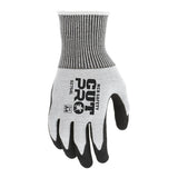 A single gray and black MCR Safety CutPro 13G Double Coated Nitrile Glove (92754) with safety ratings on the back, featuring a nitrile-coated palm and fingers for better grip and a ribbed elastic cuff. Sold as 12 pairs.
