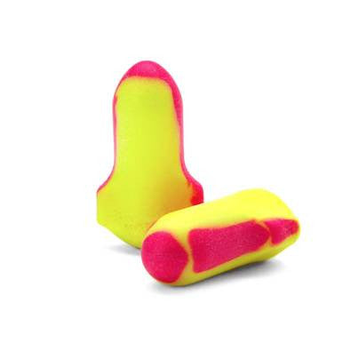 Two vibrantly colored foam earplugs, predominantly yellow with pink accents, are displayed. One Howard Leight Laser-Lite Disposable Earplug by Honeywell Safety stands upright while the other rests on its side against a white background, providing exceptional hearing protection.