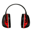 Introducing the 3M Peltor X3 Dielectric Earmuffs X3A in a bold black and red color scheme, featuring a dielectric headband for enhanced safety. These earmuffs are engineered for superior noise reduction and offer a modern design with a glossy finish.