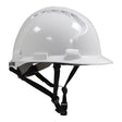 The JSP MK8 Evolution Type II Linesman Hard Hat 280-AHS240-10 by PIP is a white industrial safety helmet designed for head and side impact protection, featuring adjustable black straps. It includes ventilation slots on top and has a smooth, glossy surface. This hard hat meets ANSI Z89.1-2009 standards and is presented in a side profile view.