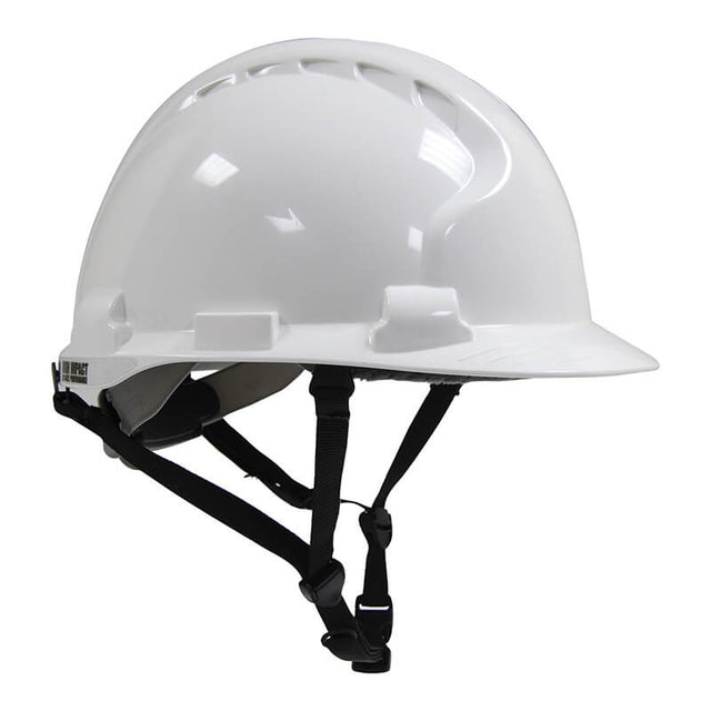 The JSP MK8 Evolution Type II Linesman Hard Hat 280-AHS240-10 by PIP is a white industrial safety helmet designed for head and side impact protection, featuring adjustable black straps. It includes ventilation slots on top and has a smooth, glossy surface. This hard hat meets ANSI Z89.1-2009 standards and is presented in a side profile view.