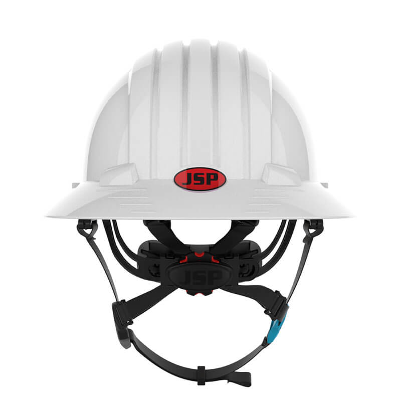 A front view of the white PIP Evolution Deluxe 6262 Full Brim Safety Helmet displays the interior suspension, EPS liner, and adjustable chinstrap, with a red PIP logo on the front.
