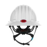 A front view of the white PIP Evolution Deluxe 6262 Full Brim Safety Helmet displays the interior suspension, EPS liner, and adjustable chinstrap, with a red PIP logo on the front.